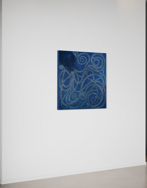 Ocean-inspired painting with ethereal blues and white tentacle suckers, capturing dynamic movement and meditative joy.